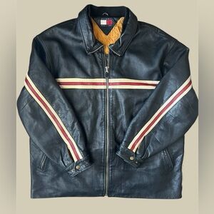 Vtg Tommy Hilfiger 90s Leather Motorcycle Jacket Mens XL Racer Stripe